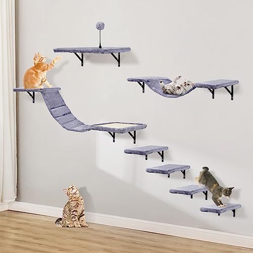 7 Pcs Beige Wood Cat Climber Set with Shelves, Perches, Bridge, Hammock, Scratching Board J680829