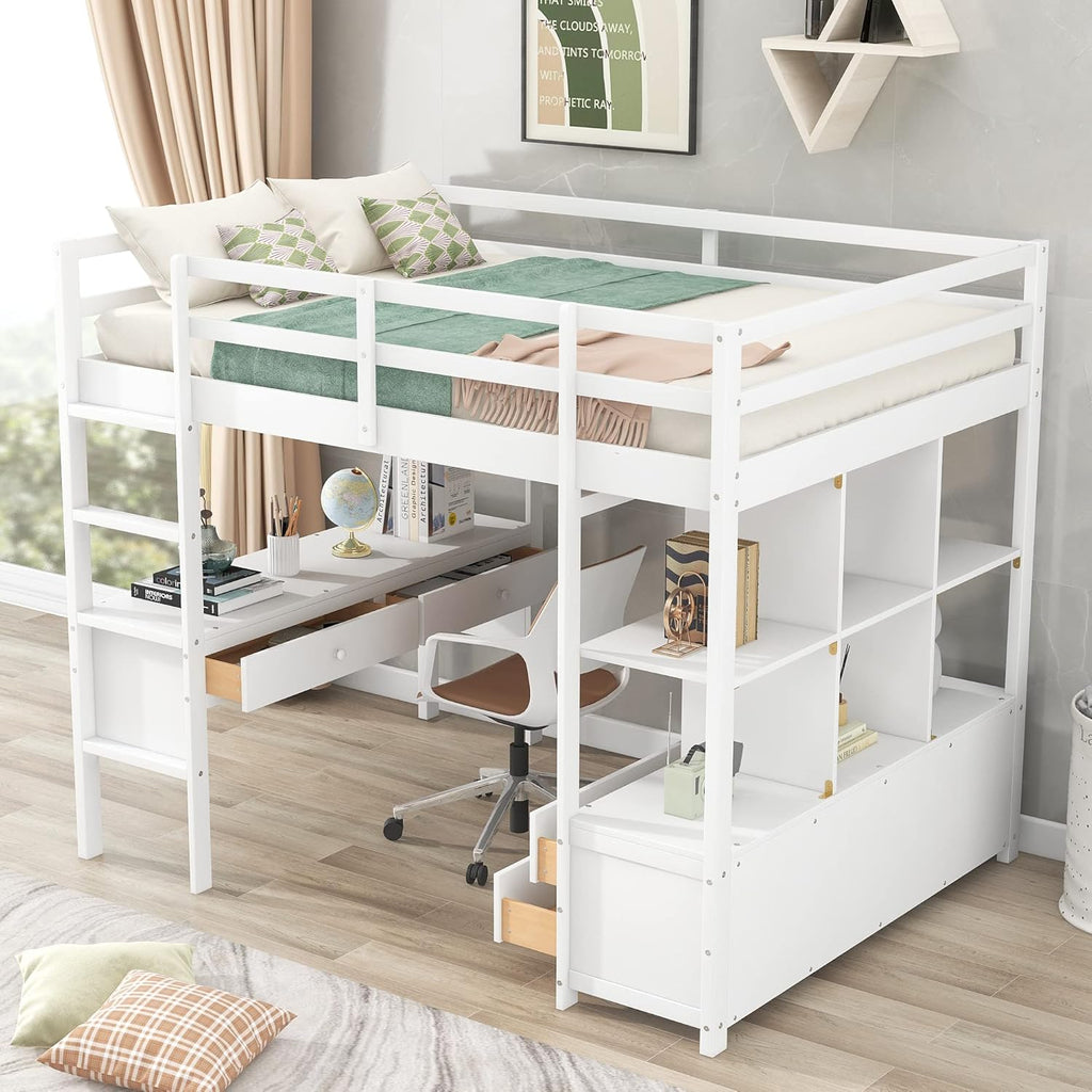 White Wooden Loft Bed with Built-in Desk and Two Drawers H377687