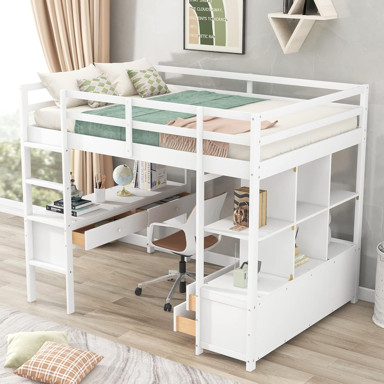 White Wooden Loft Bed with Built-in Desk and Two Drawers H377687