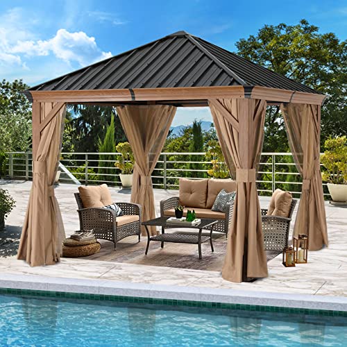 Hardtop Gazebo 8x8 Metal Galvanized Steel Aluminum Framed with Netting and Curtain Gray P6586
