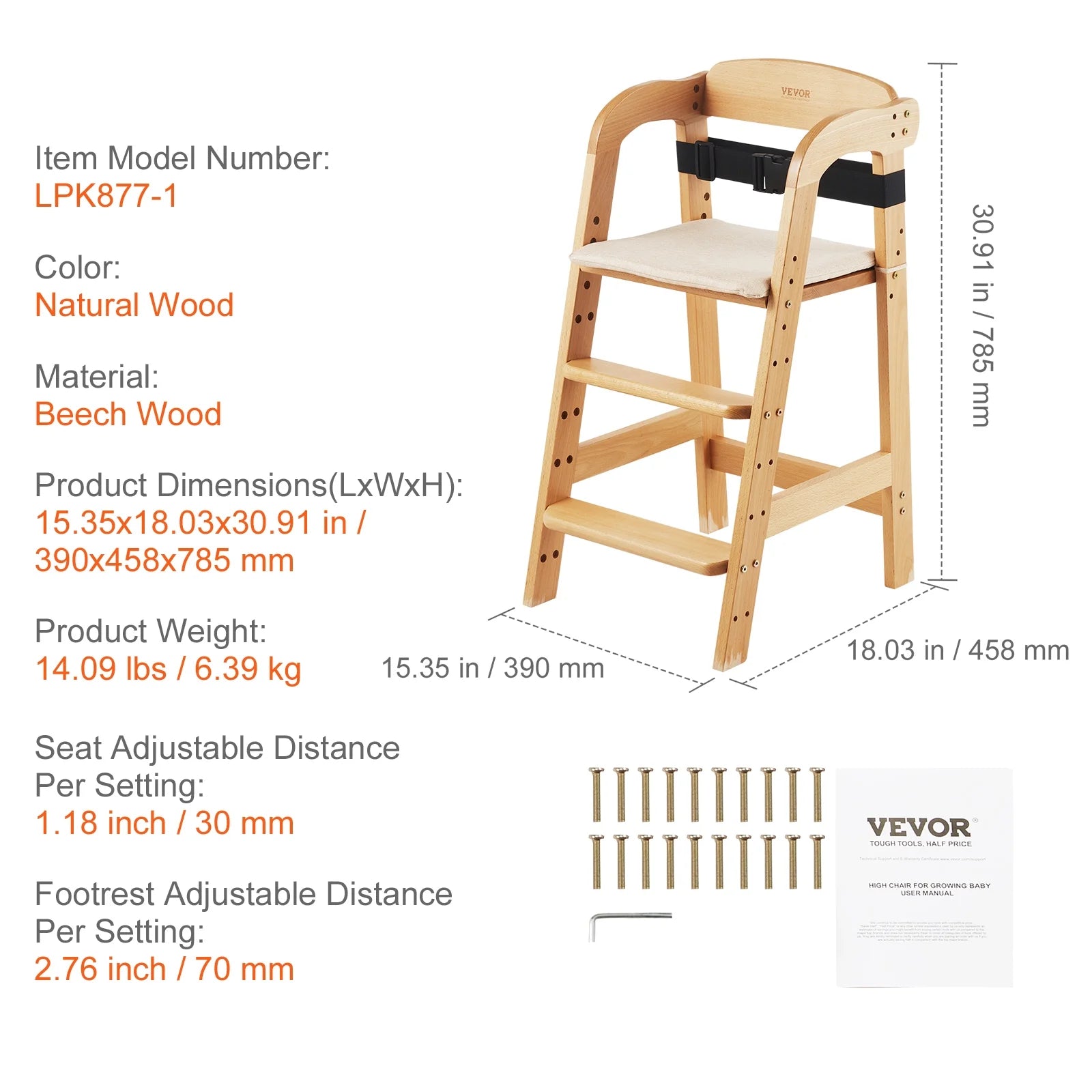 Wooden Baby HighChair with Adjustable Legs Solid Wood H836566
