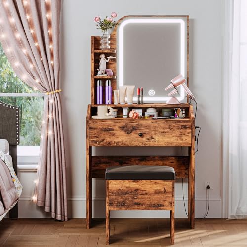 White Small Makeup Vanity Desk with Mirror and Lights, Vanity Table Set with Storage Drawer, Chair and Three Shelves P895