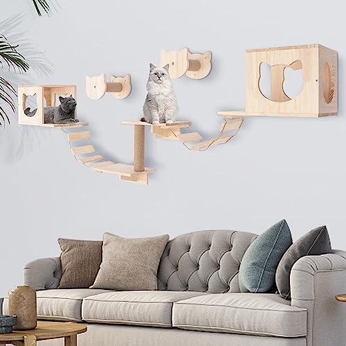 Wall-Mounted Cat Climber Set with Cat Wall Shelves, Scratching Posts, Condo House, Ladder, Perches M81164
