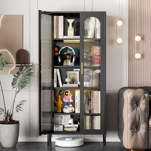 Black Tall Glass Display Cabinet with 4 Adjustable Shelves D1144