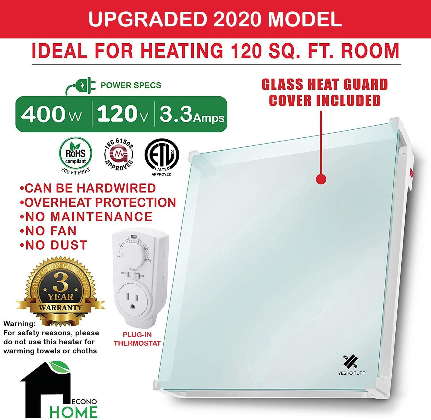 400W Wall Mount Convection Heater with Thermostat H29775