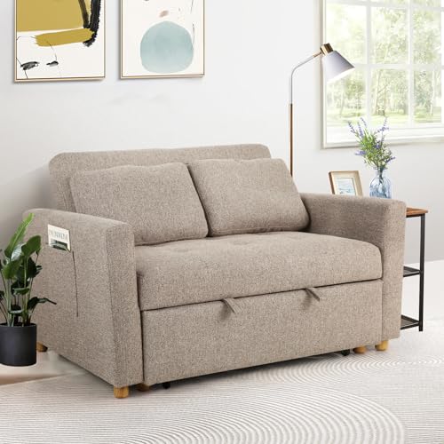 3-in-1 Convertible Sofa Bed, Linen Fabric Sleeper Couch, 49" 2-Seater Loveseat Futon Sofa X731065