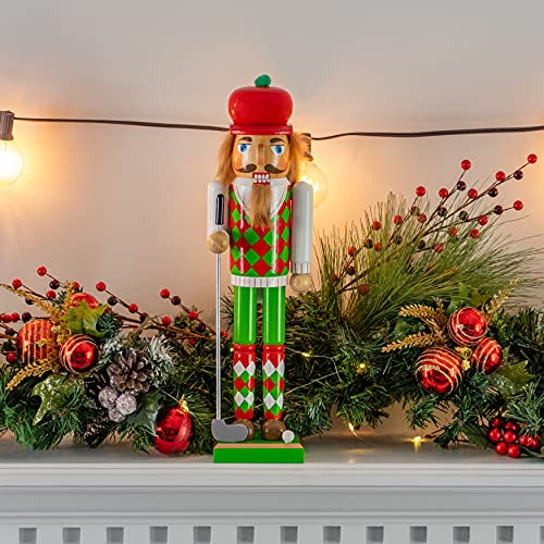 Red and Green Wooden Golf Player Nutcracker 15" E88379