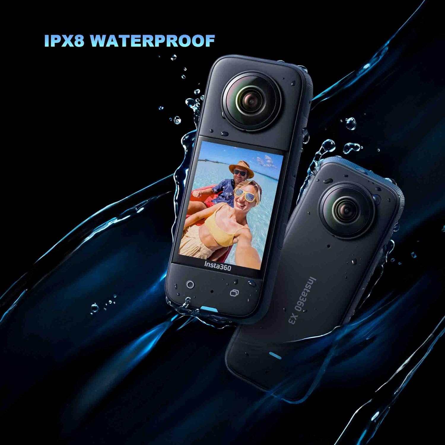 Black Waterproof 360 Action Camera Bundle with Extra 2 Batteries, Charger, Invisible Selfie Stick, Lens Guard & 128GB Memory Card G4141