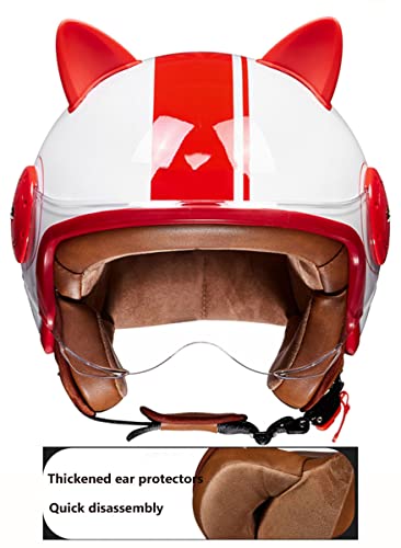 Women's Cat Ear Helmet, Open Face Retro Motorcycle Half Helmets DOT Approved Lightweight Breathable J5503