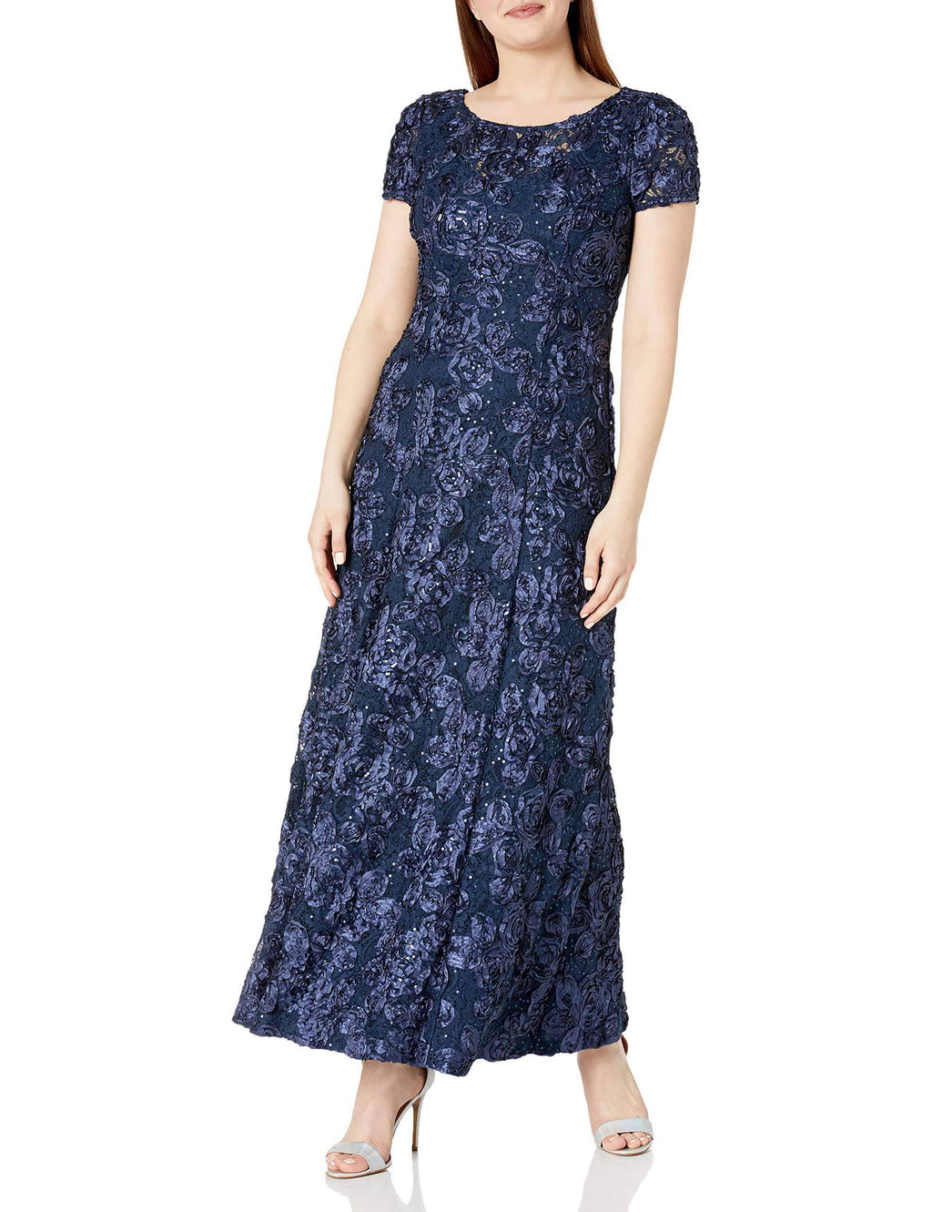 Navy Petite Lace A-Line Gown T747612