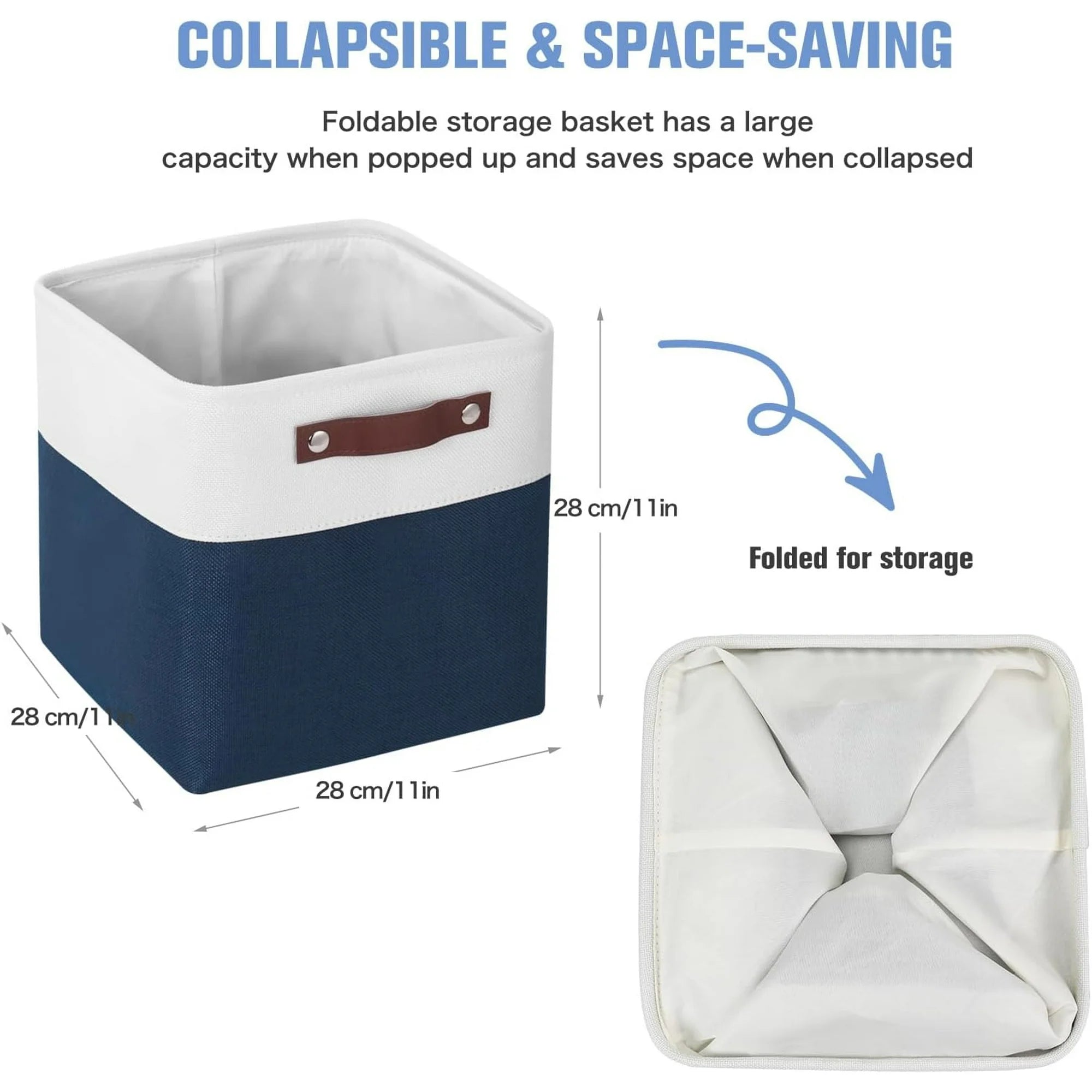 11x11 inch Foldable Cube Storage Bins with Leather Handles (White/ Blue) M823