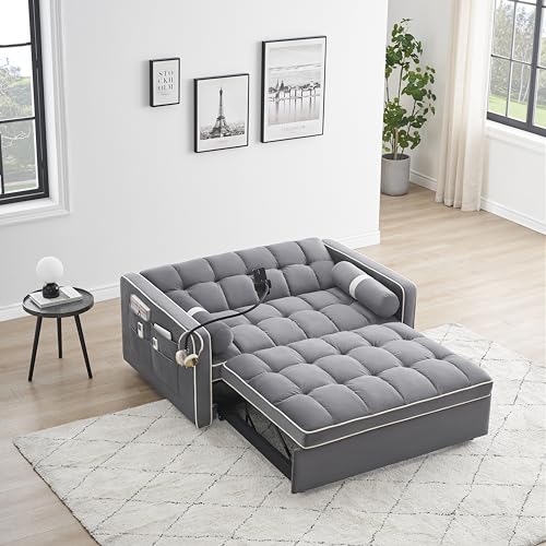 Gray Velvet Convertible Sleeper Sofa with Pull Out Bed V5996