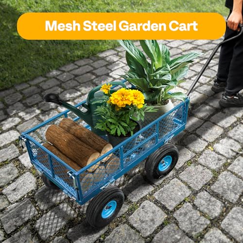 Heavy Duty Mesh Steel Garden Cart Folding Utility Wagon with Removable Sides and 10 inch Tire (Black) V787314