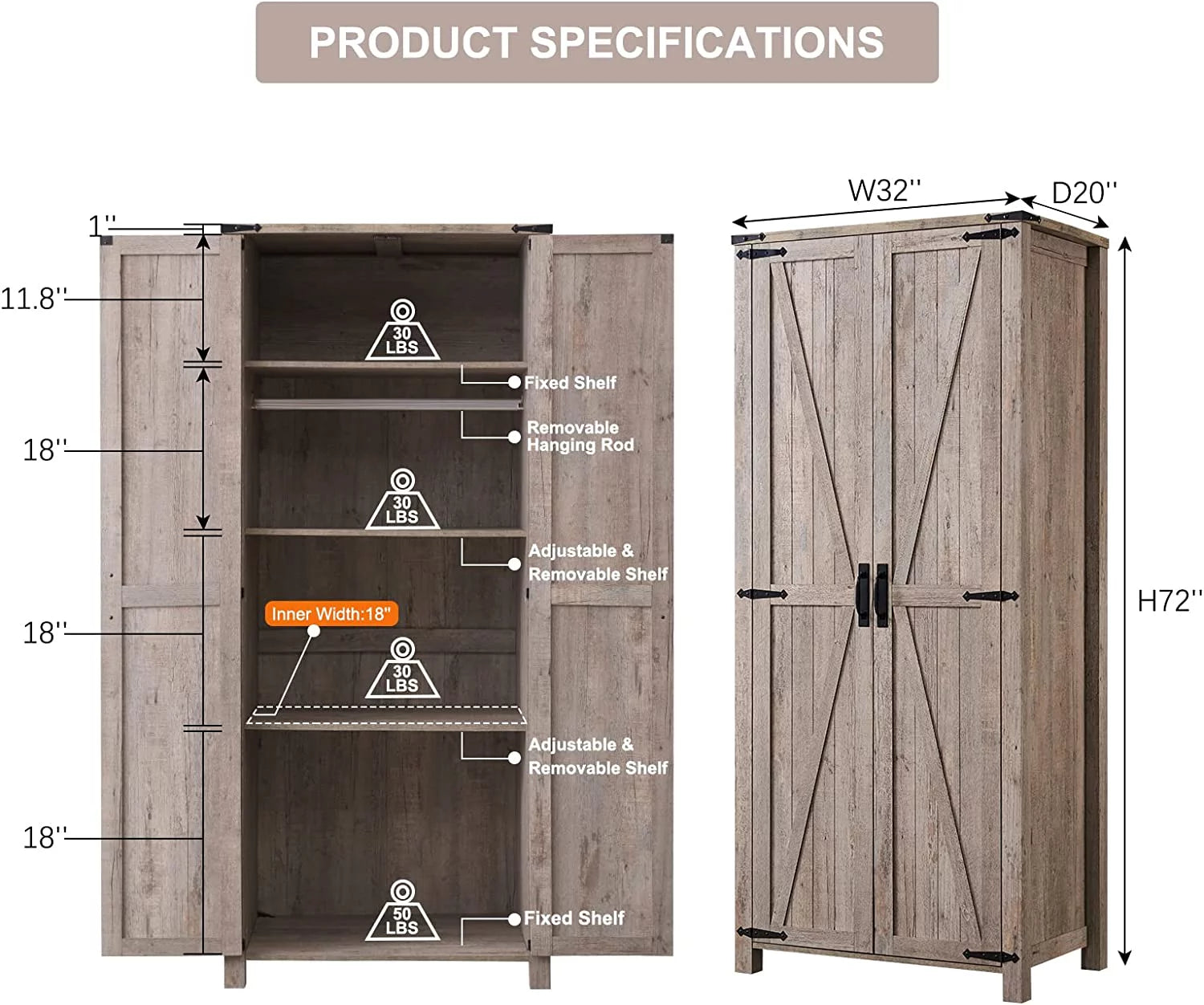 Light Rustic Oak Kitchen Pantry Storage Cabinet with Barn Door and Hanging Rod Y50347