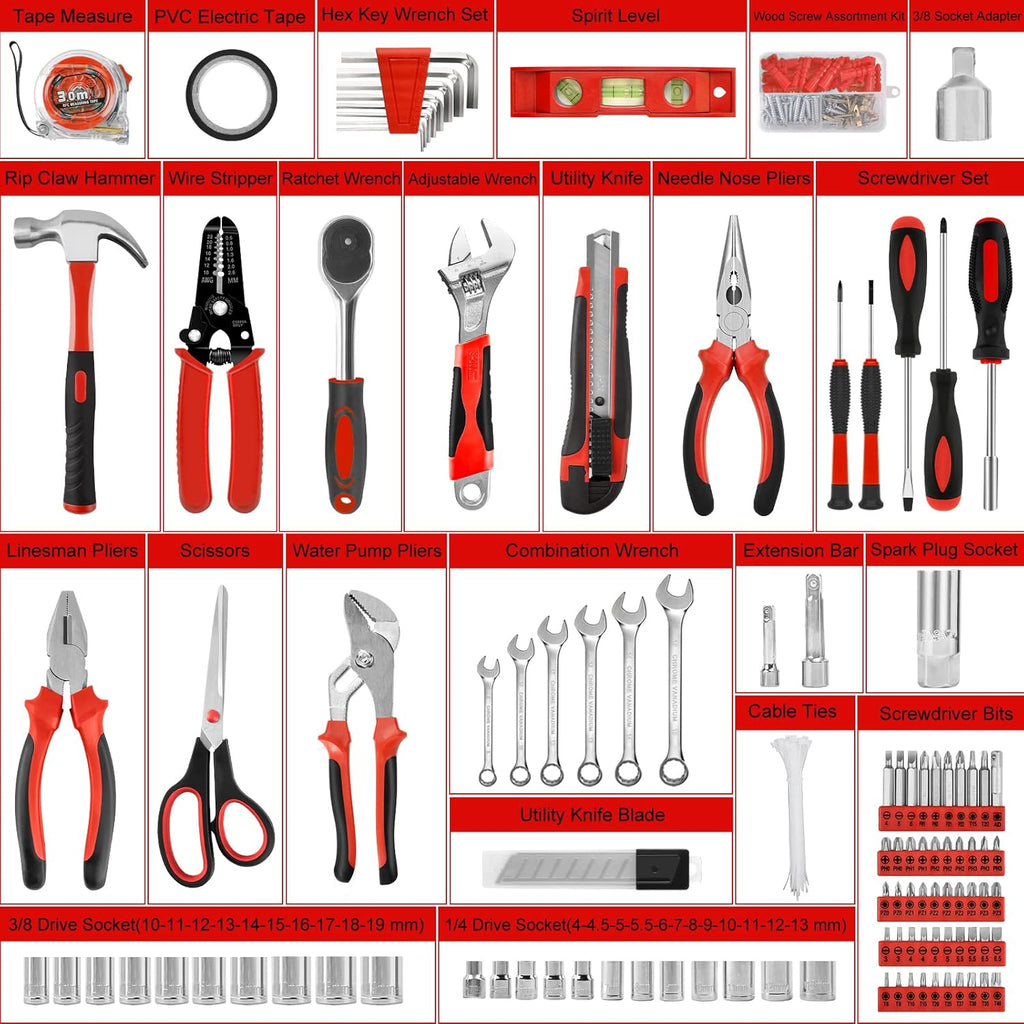 287PCs Hand Tool Set with Hammer, Pliers, Ratchet Wrench, Socket, Tool Box Case H232