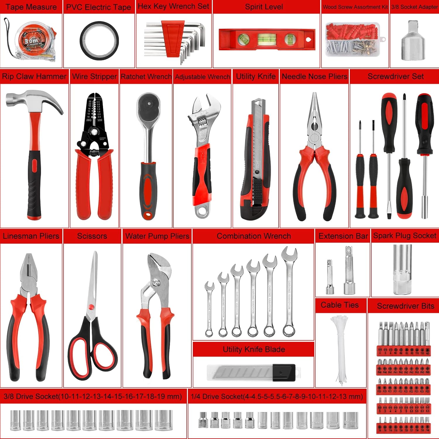 287PCs Hand Tool Set with Hammer, Pliers, Ratchet Wrench, Socket, Tool Box Case H232