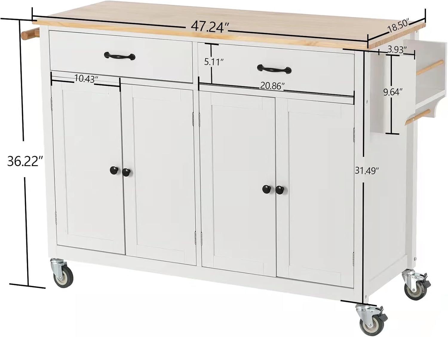 White Rolling Kitchen Island Cart with Solid Wood Top, 2 Drawers and 4 Door Cabinet T13193