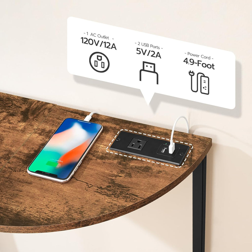 Rustic Brown and Black Half Moon Table with Charging Station I90872