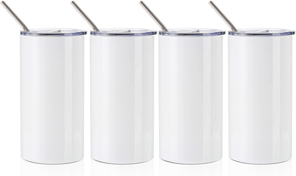 20 OZ White Stainless Steel Tumbler Cups with Lid and Metal Straw 4 Pack N62645
