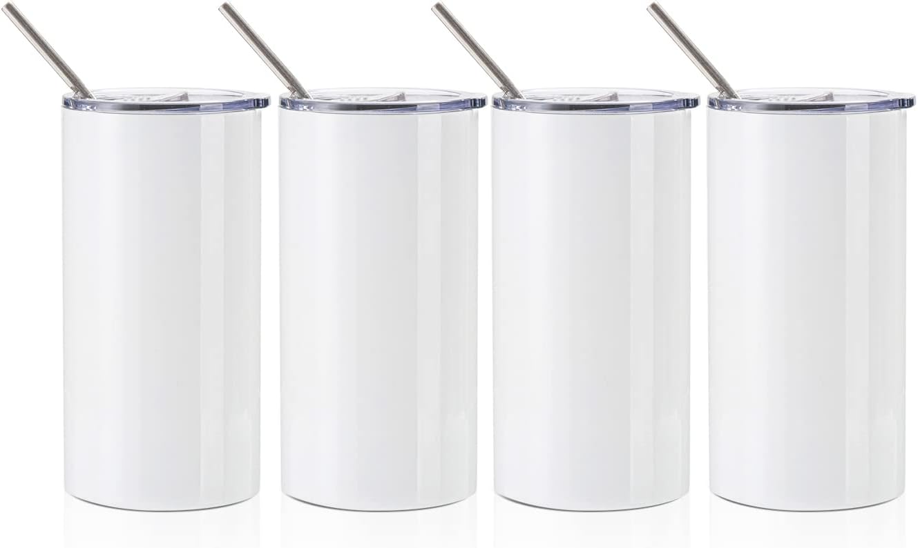 20 OZ White Stainless Steel Tumbler Cups with Lid and Metal Straw 4 Pack N62645