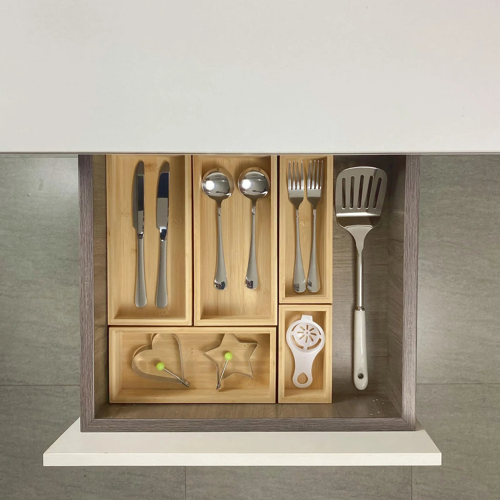 Bamboo Drawer Dividers Set, Adjustable Wooden Organizers, Stackable Trays, Brown Q26925