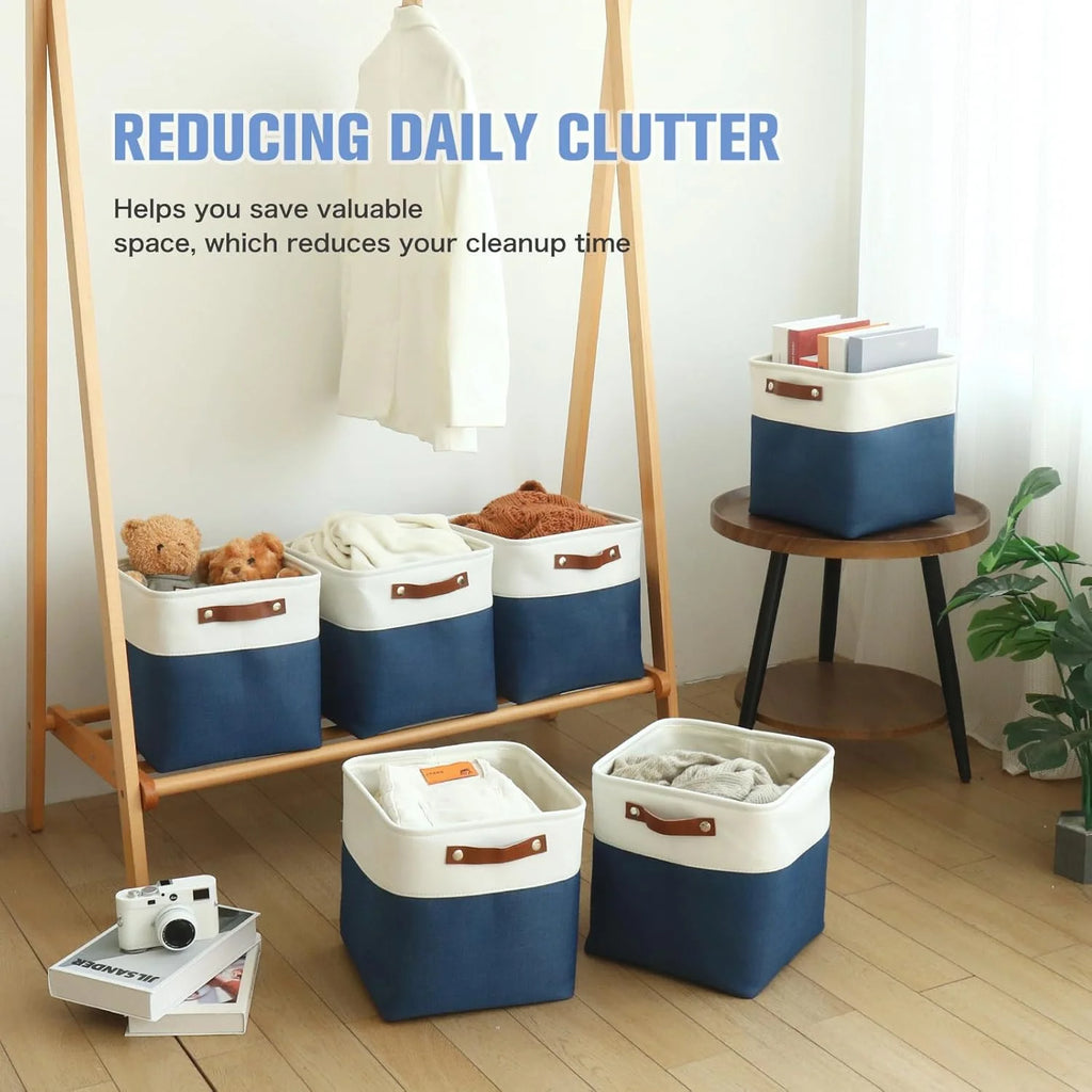 11x11 inch Foldable Cube Storage Bins with Leather Handles (White/ Blue) M823