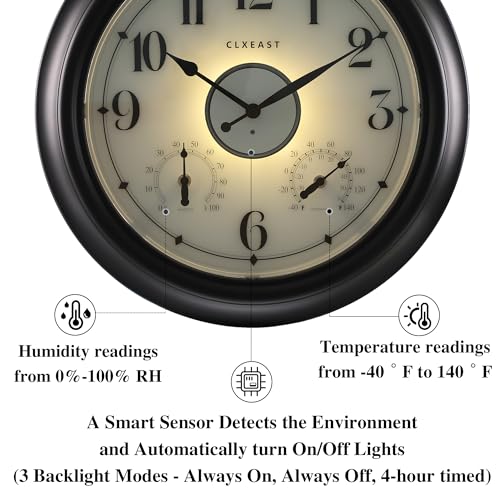 Illuminated Outdoor Clocks Waterproof 18 inch with Smart Sensor, Large Outdoor Clock with Thermometer & Hygrometer, Oil Rubbed Bronze Black H7723