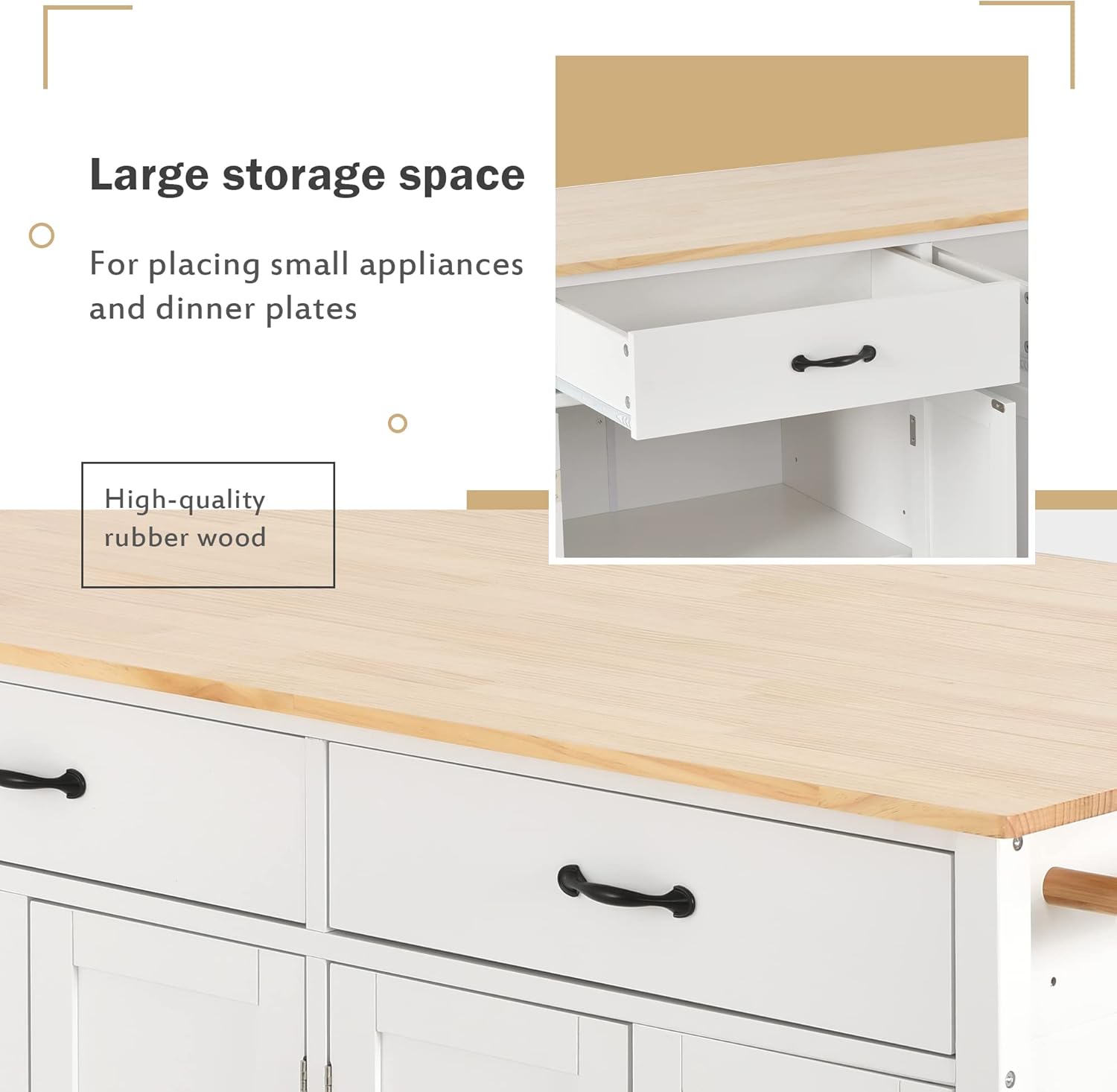 White Rolling Kitchen Island Cart with Solid Wood Top, 2 Drawers and 4 Door Cabinet T13193