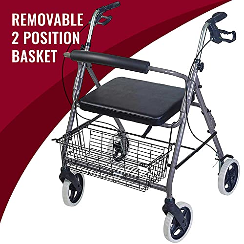 Burgundy Rollator Walker with Extra Wide Seat and Backrest E5740