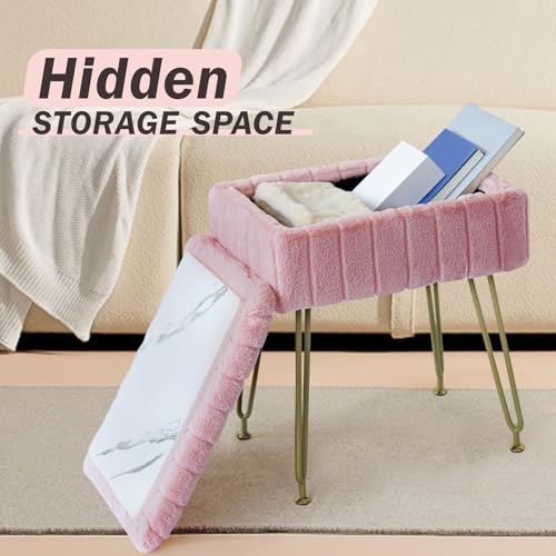 Pink Faux Fur Vanity Stool with Gold Metal Legs and Hidden Storage D82562