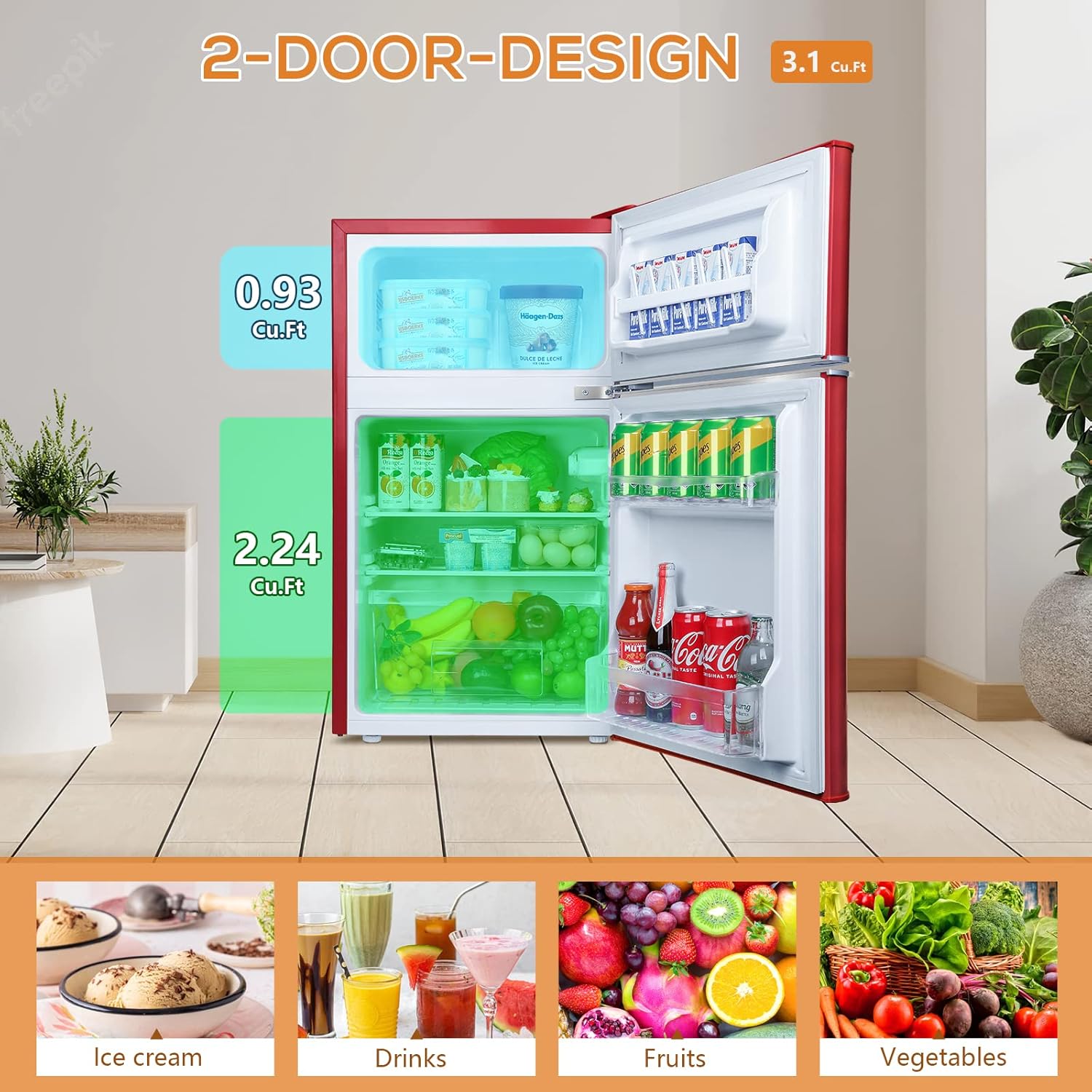 Compact Mini Refrigerator Separate Freezer, 3.1 cu ft Double 2-Door Retro Stainless Steel S39996