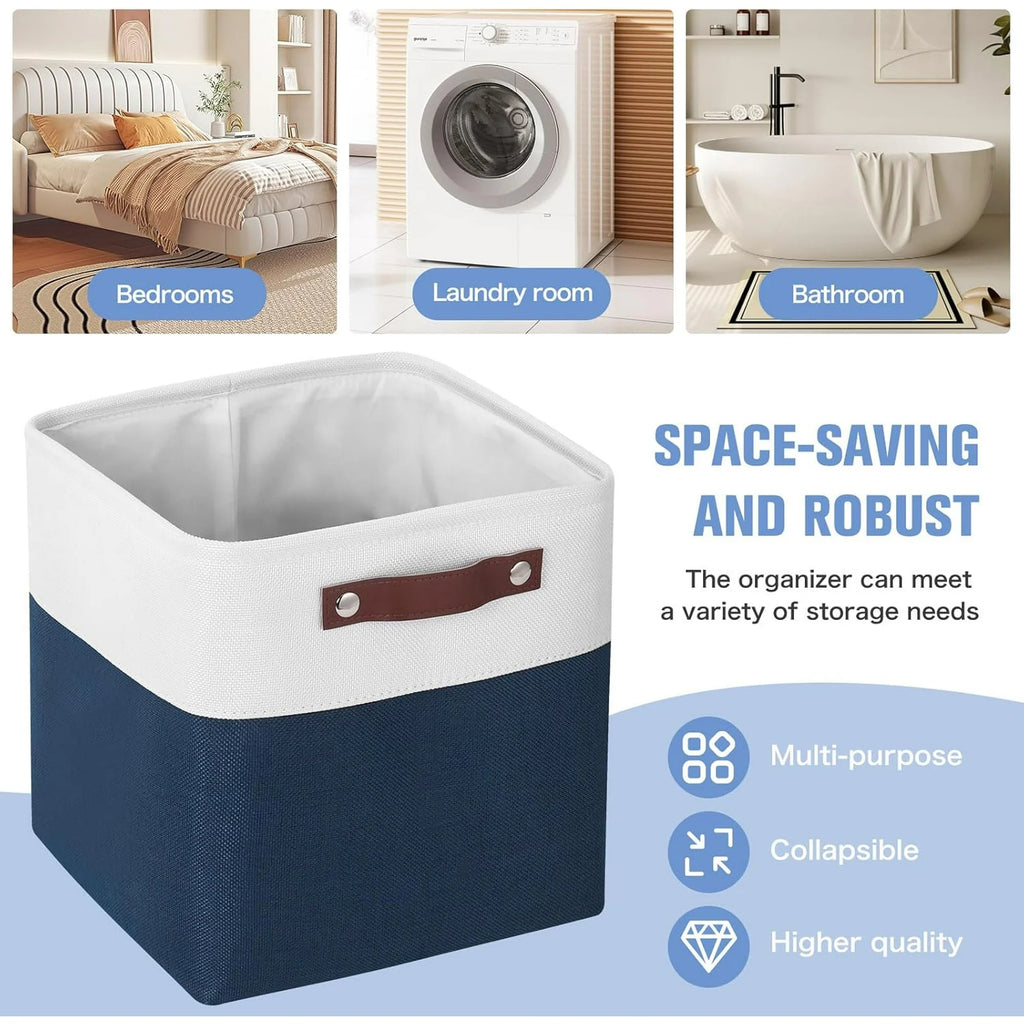 11x11 inch Foldable Cube Storage Bins with Leather Handles (White/ Blue) M823