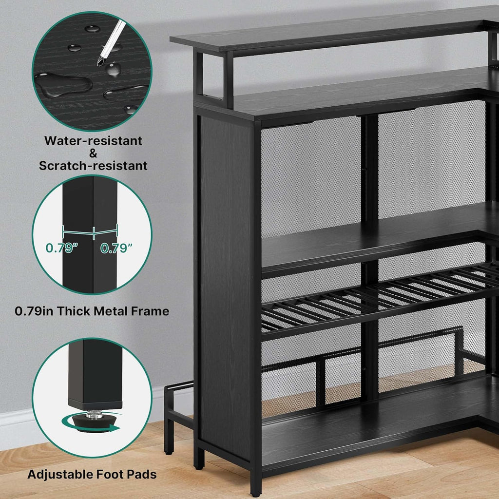 Black L Shaped Mini Home Bar Unit with Music Sensing LED Light, Tall Bars Furniture Table with Wine Rack Alcohol Storage Glasses Hanger Footrest E3108