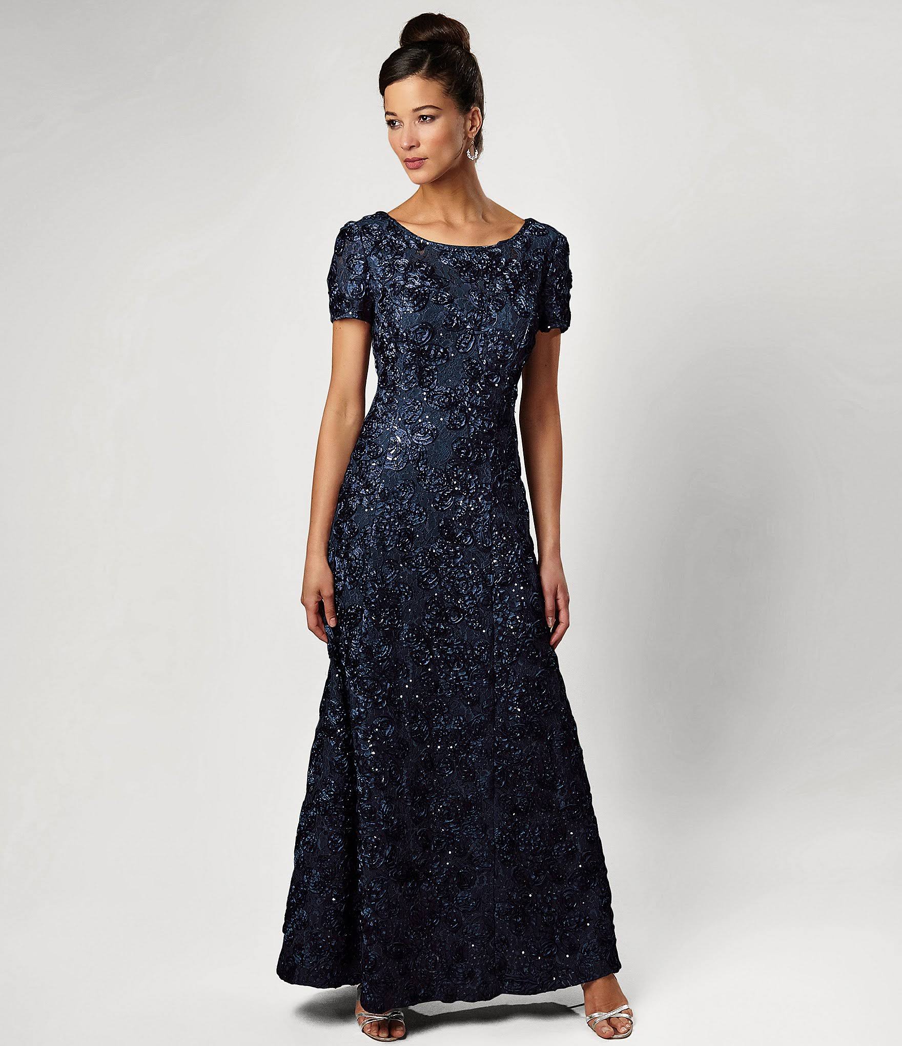 Navy Petite Lace A-Line Gown T747612