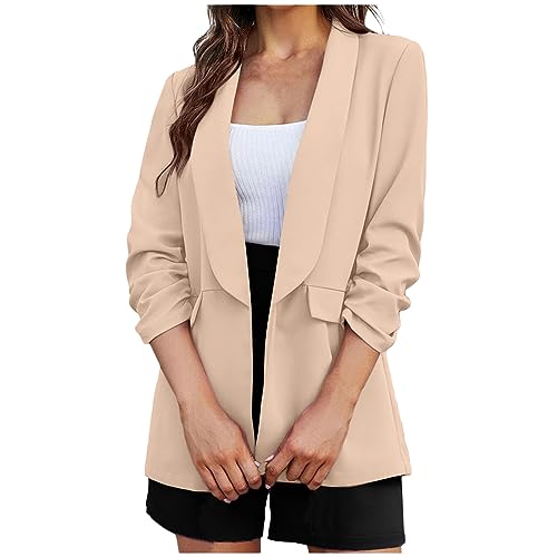 Women's Solid Ruffle 3/4 Sleeve Cardigan Jacket with Pockets C21370