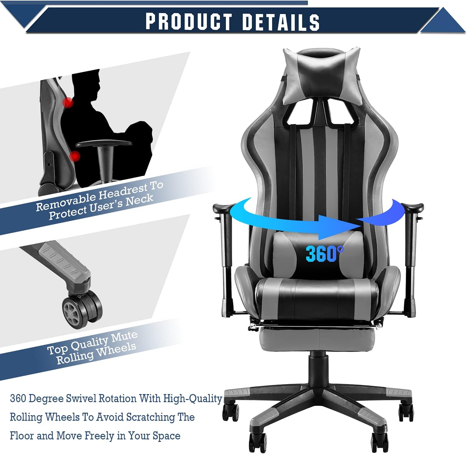 Black/Gray Swivel Desk Gaming Chair with Footrest D448
