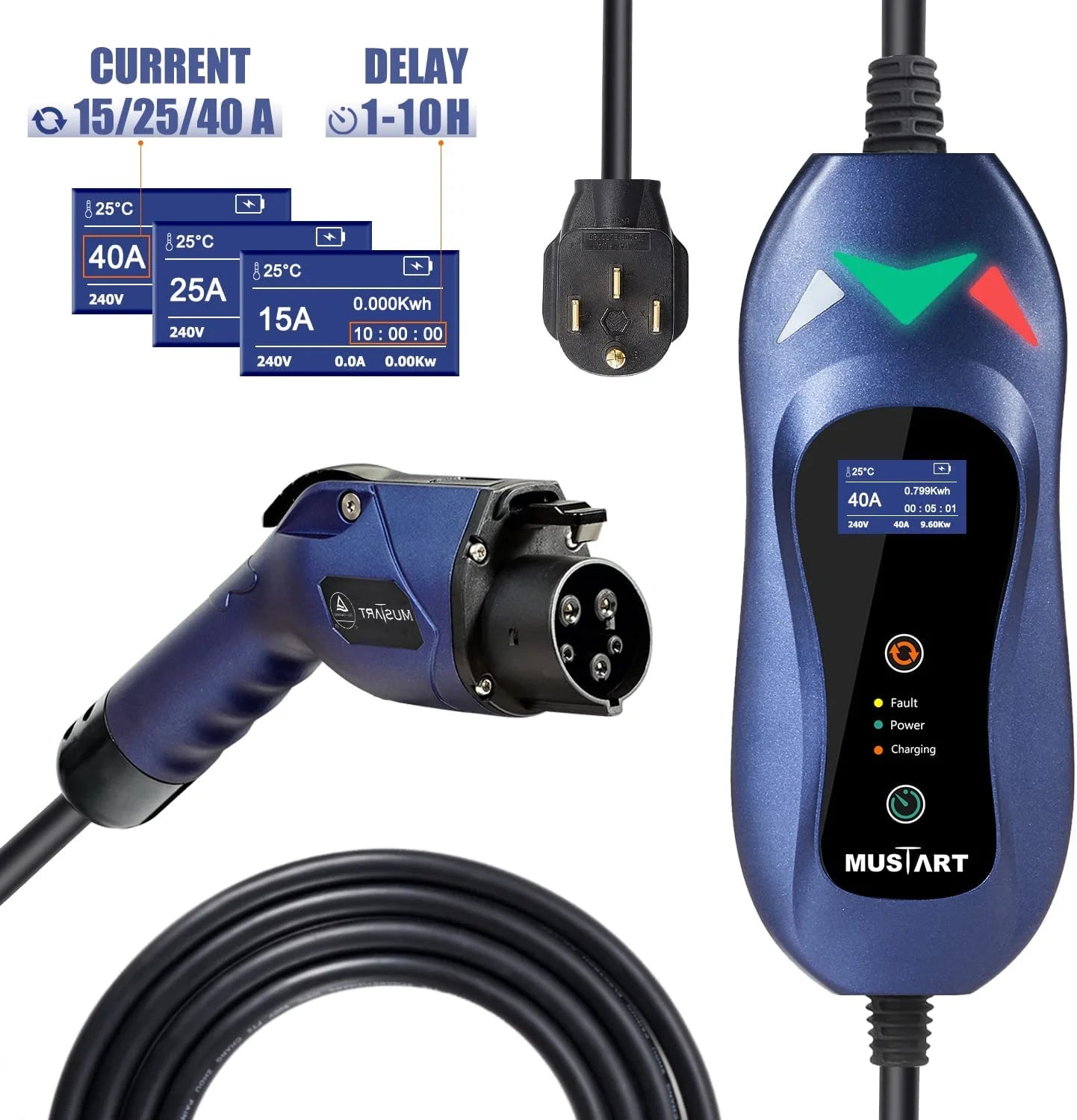 Portable Level 2 EV Charger, 240 Volt, 25ft Cable, 40 Amp Adjustable, NEMA 14-50P Q9214