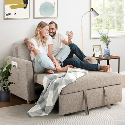 3-in-1 Convertible Sofa Bed, Linen Fabric Sleeper Couch, 49" 2-Seater Loveseat Futon Sofa X731065