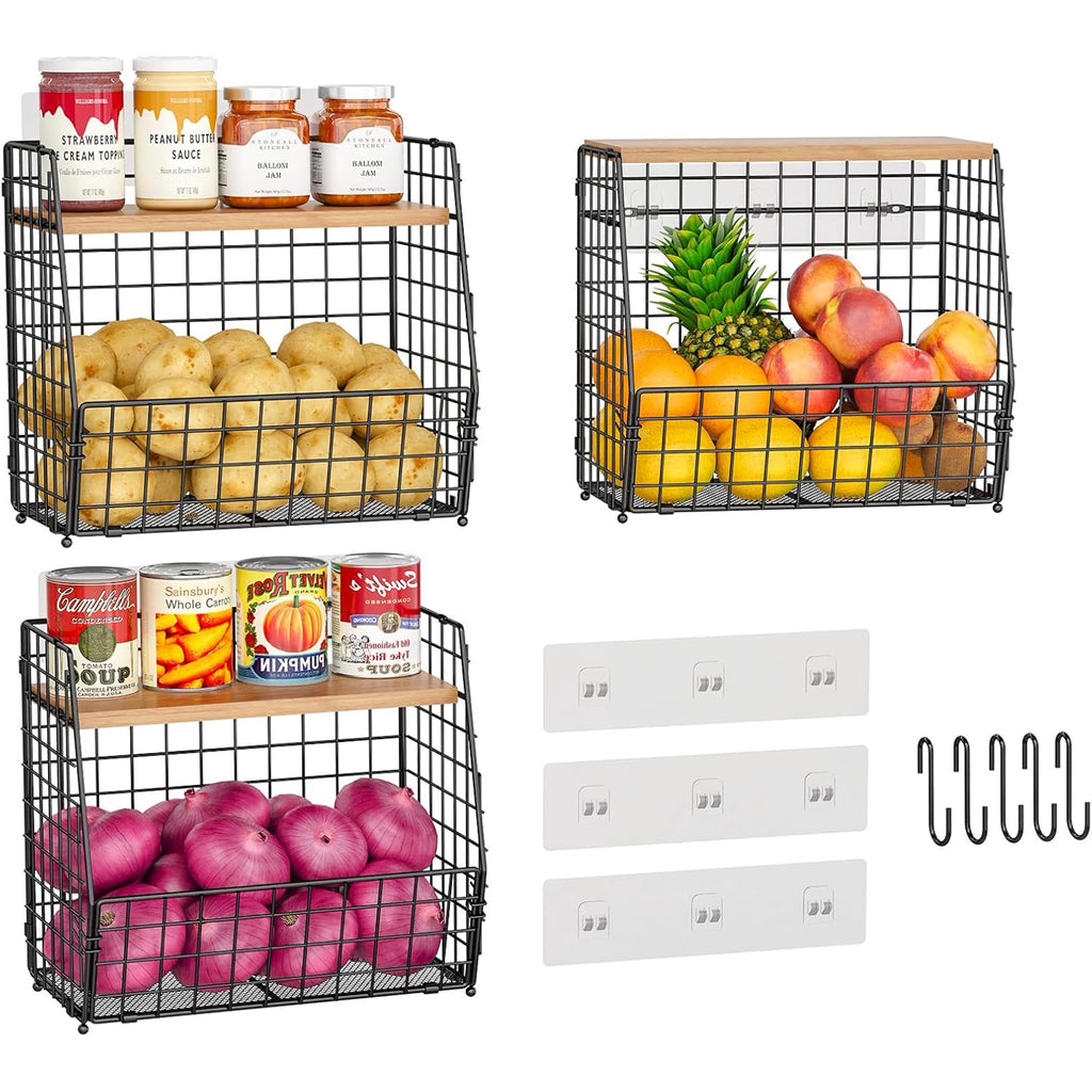 3 Pack Hanging Wire Basket with Wood Lid & S Hook L629