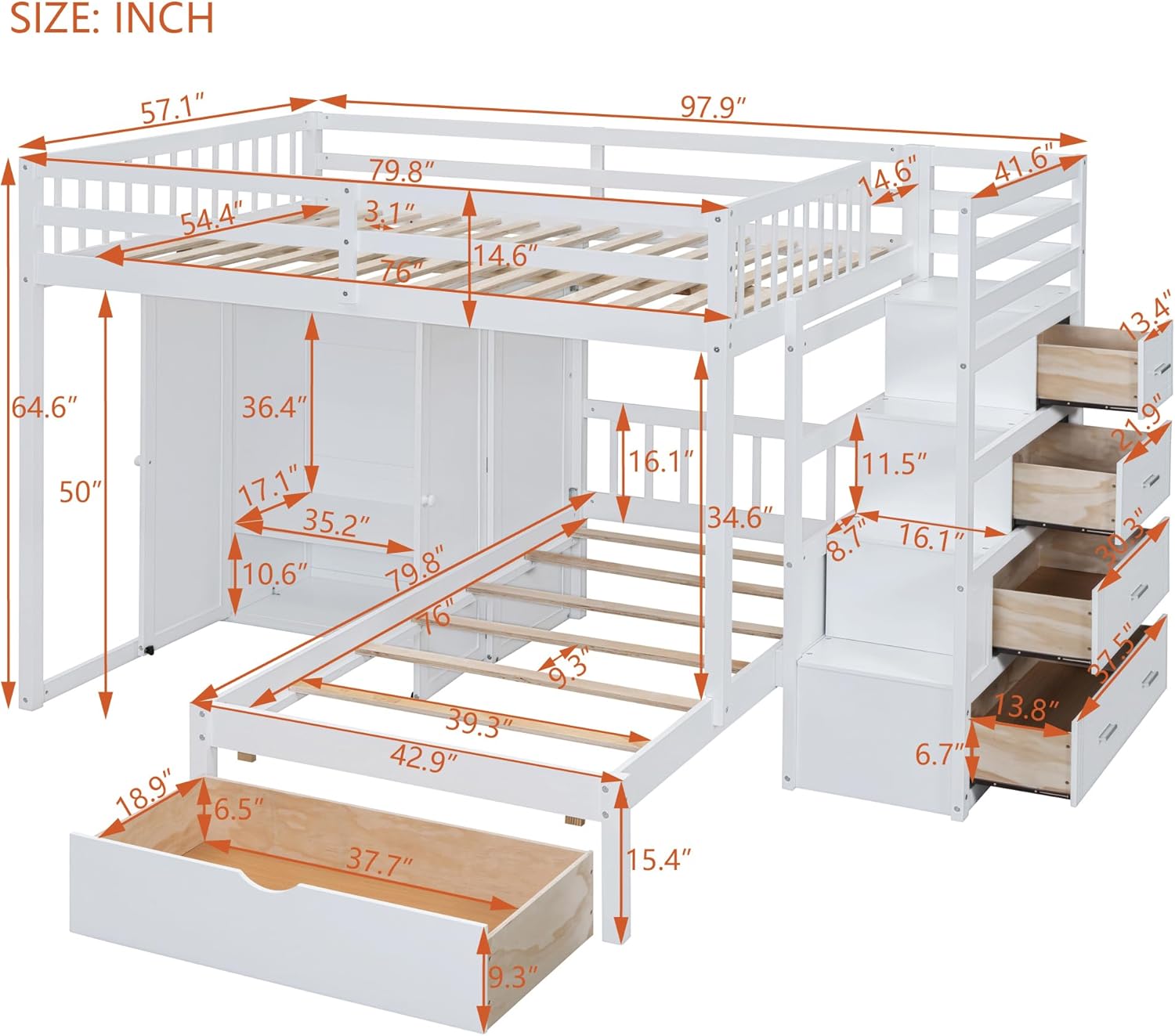 White Wood Bunk Bed with Wardrobe, Staircase and Drawers R38858