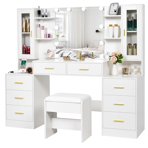White Large Vanity Desk with Mirror and Lights 8 Drawers C6305