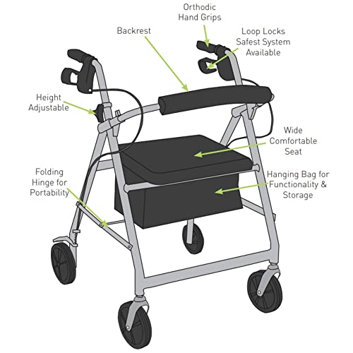 Red Lightweight Aluminum Rollator Walker with Seat and Wheels, 300 lbs Weight Capacity J222