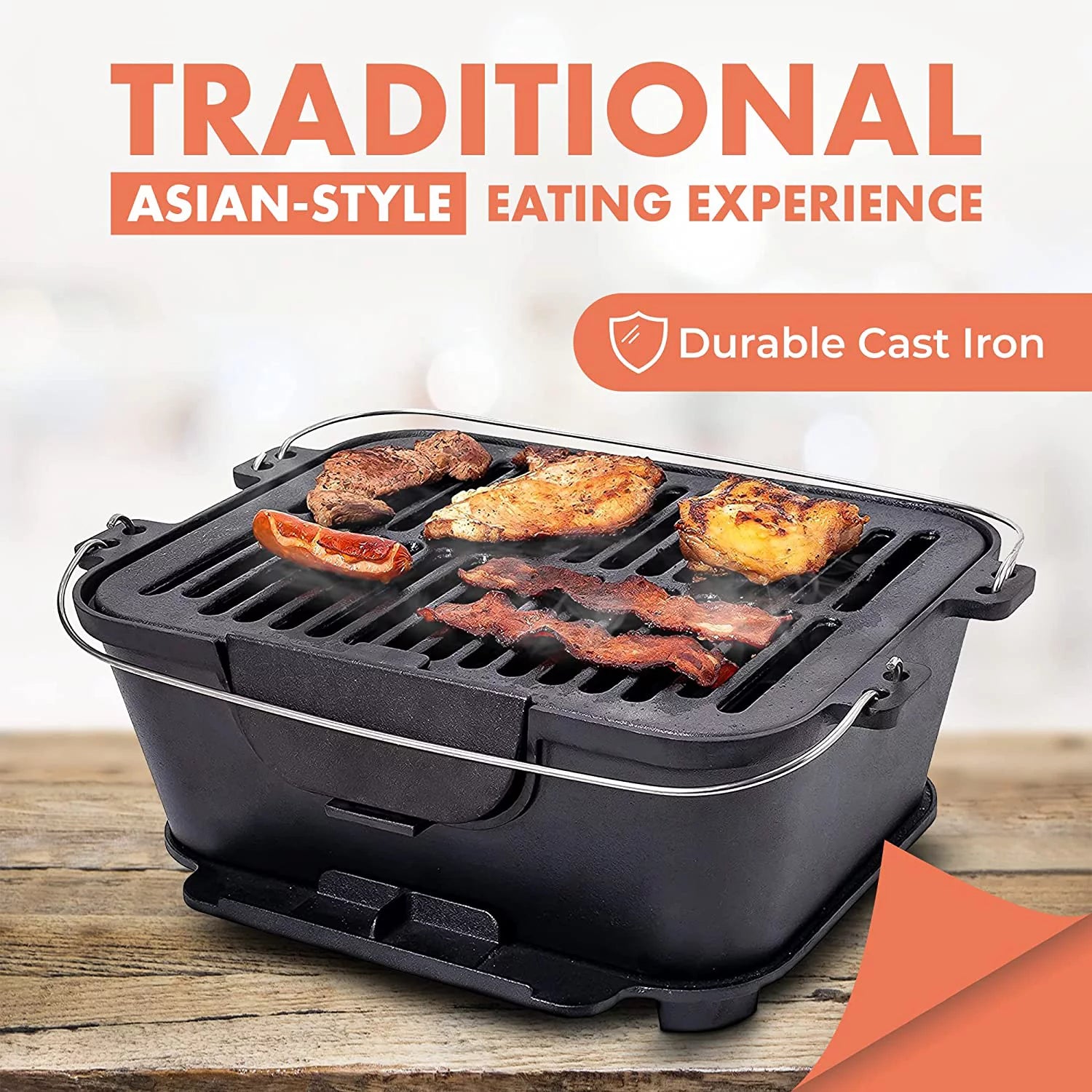 Pre-Seasoned Portable Cast Iron Charcoal Rectangle BBQ Grill, 14" x 12" Grilling Surface B75895