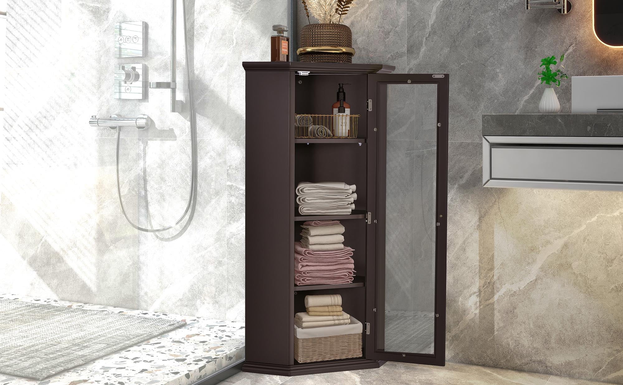 Freestanding Bathroom Cabinet with Glass Door, MDF Board with Painted Finish J983