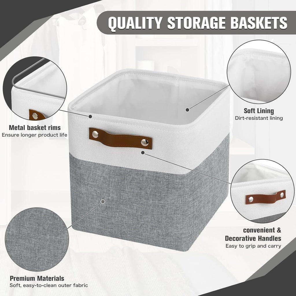 11x11 inch Foldable Cube Storage Bins with Leather Handles (White/ Blue) M823