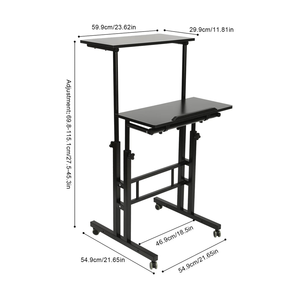 24" Mobile Stand Up Desk Adjustable Height Small Storage Desk with Wheels Black Q8598