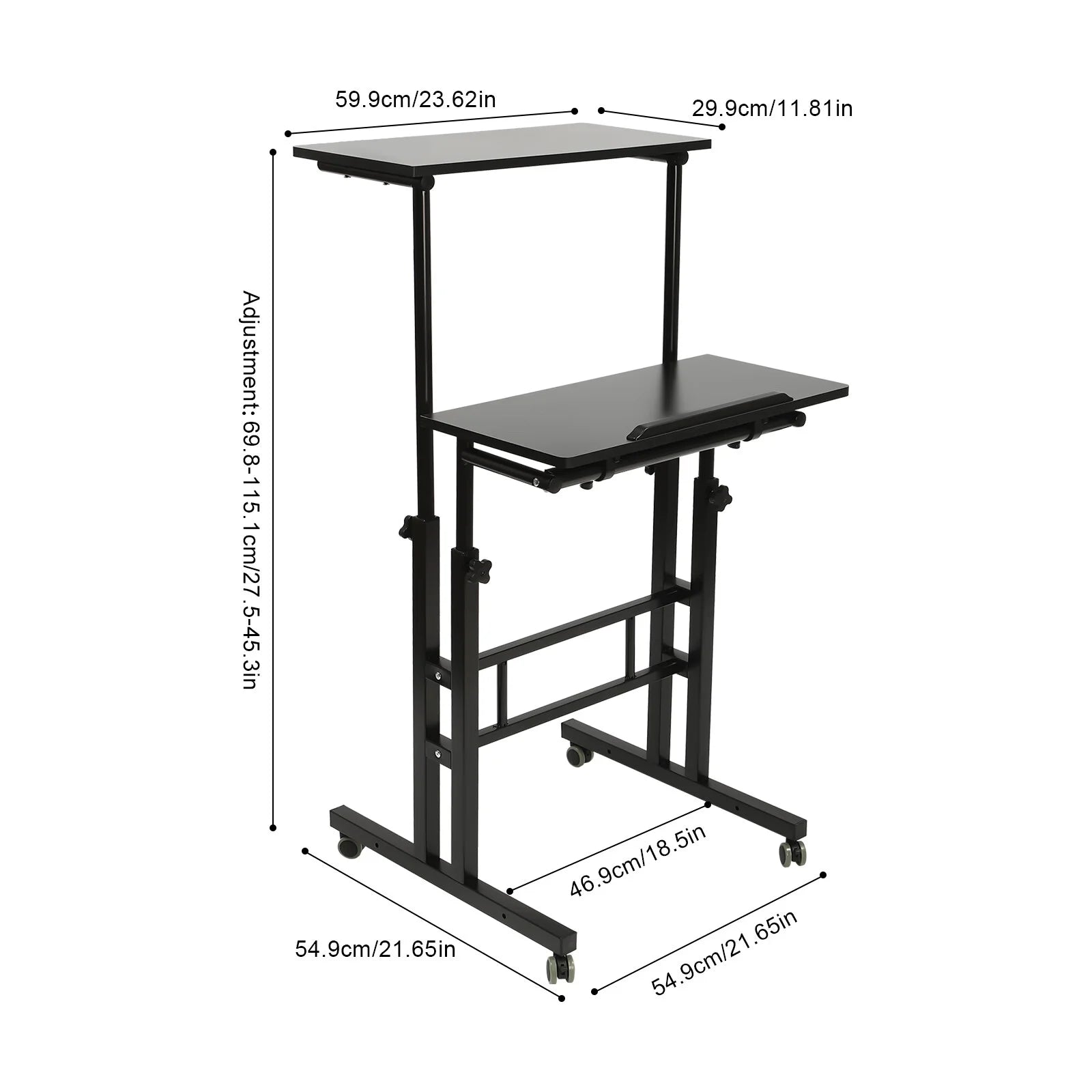 24" Mobile Stand Up Desk Adjustable Height Small Storage Desk with Wheels Black Q8598
