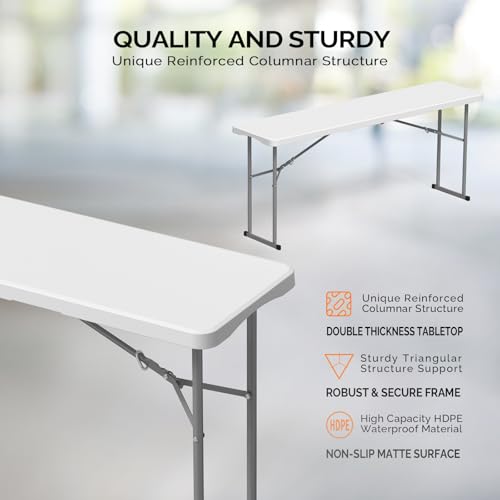 White 6 FT Narrow Folding Table with HDPE Material and Metal Frame N41154