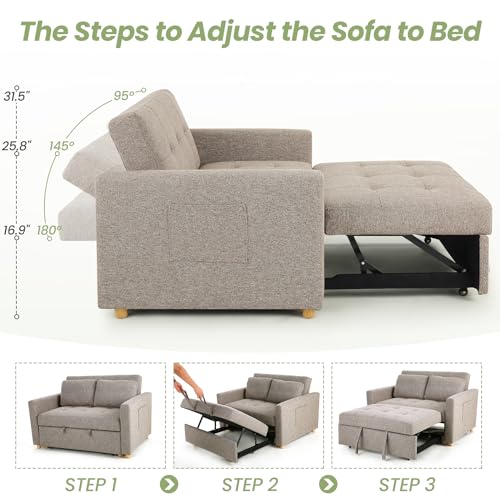 3-in-1 Convertible Sofa Bed, Linen Fabric Sleeper Couch, 49" 2-Seater Loveseat Futon Sofa X731065