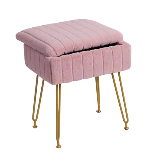 Pink Faux Fur Vanity Stool with Gold Metal Legs and Hidden Storage D82562